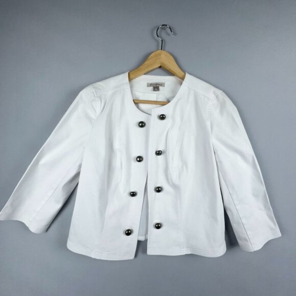 Roz & Ali Cropped Denim Suit Jacket Studded Open Front Womens M Collarless White